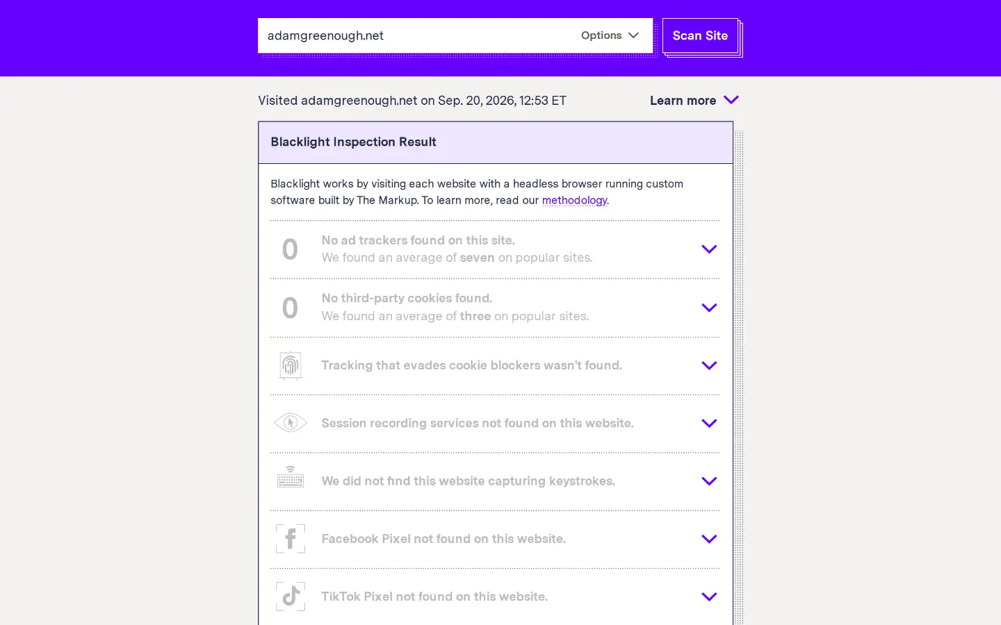 Blacklight inspection result for adamgreenough.net showing zero ad trackers and zero third-party cookies