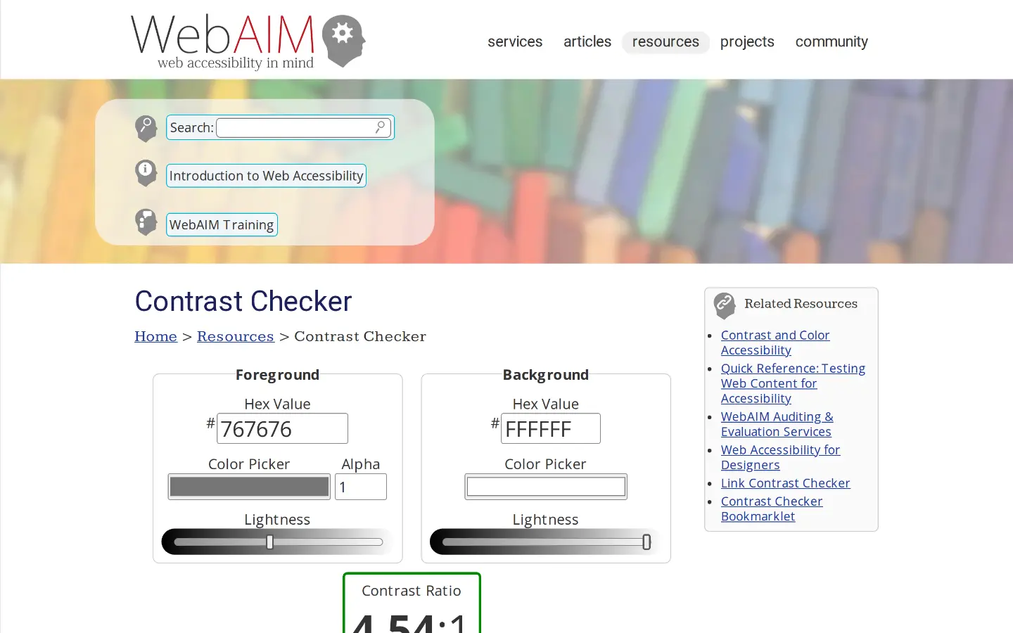 WebAIM Contrast Checker showing a 4.54:1 ratio between mid grey and white, and its WCAG pass and fail results