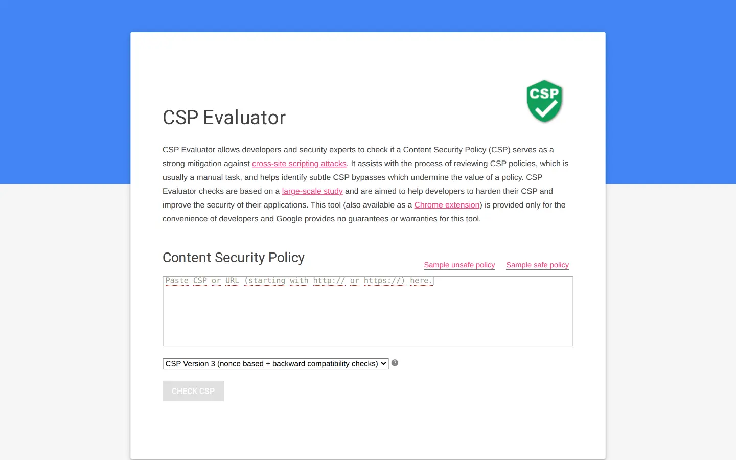 Google's CSP Evaluator analysing a content security policy
