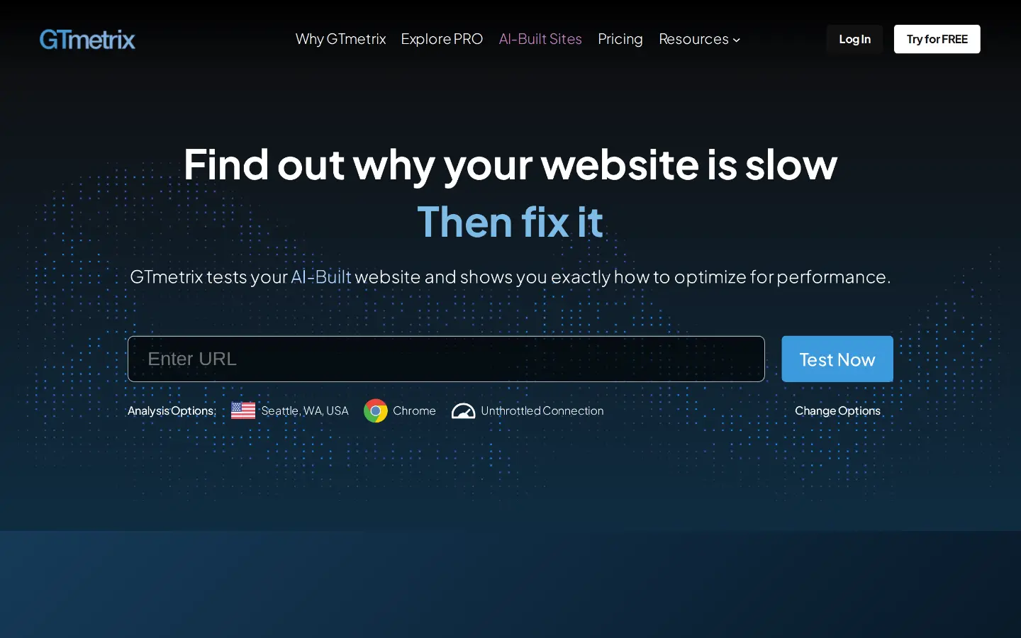 The GTmetrix home page with its URL input and analysis options