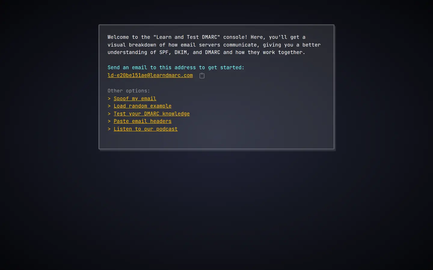 The Learn and Test DMARC visual console