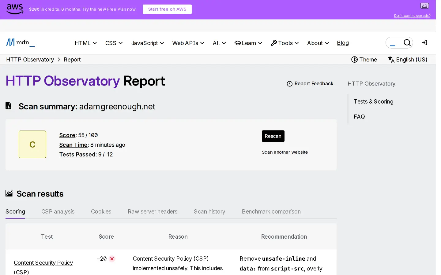 Mozilla HTTP Observatory report for adamgreenough.net showing a grade of C and its per-test scoring table