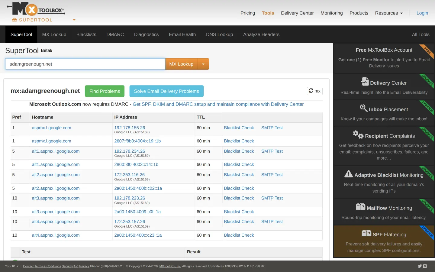 MXToolbox SuperTool showing the MX record lookup for adamgreenough.net with blacklist and SMTP test links
