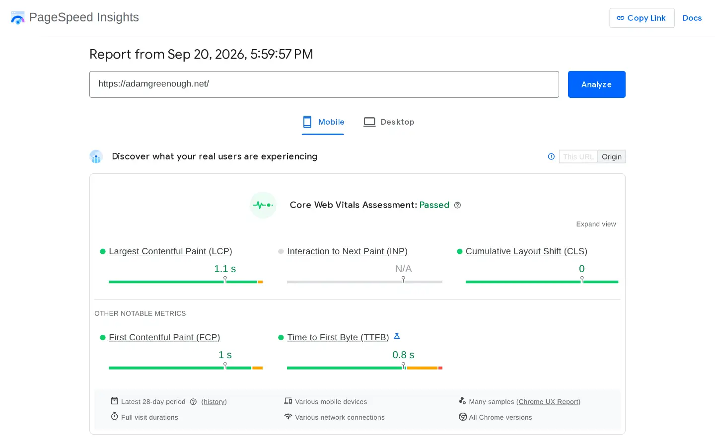 PageSpeed Insights report for adamgreenough.net showing a passed Core Web Vitals assessment with LCP, INP and CLS