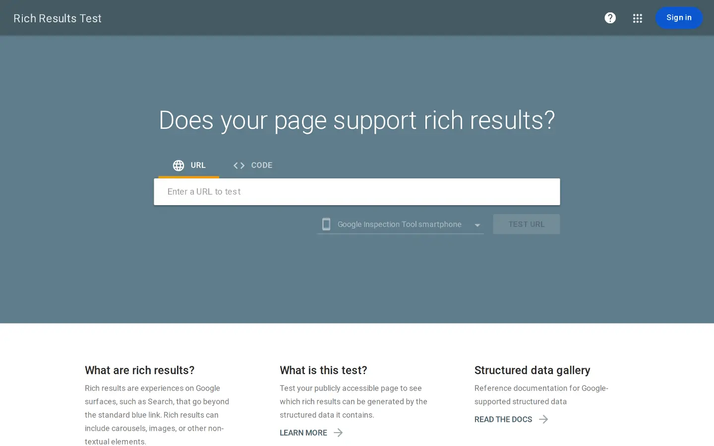 The Google Rich Results Test, with its URL and code-snippet input modes