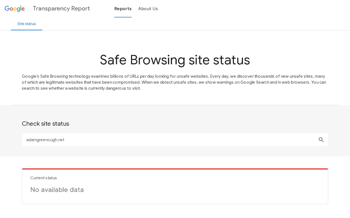 Google Safe Browsing site status showing no unsafe content found for adamgreenough.net