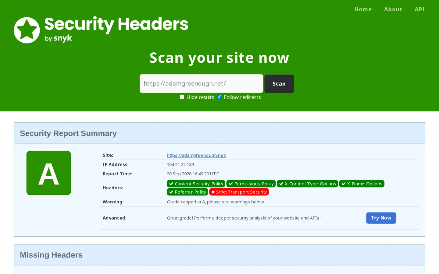 Security Headers scan result for adamgreenough.net, showing the letter grade and detected headers
