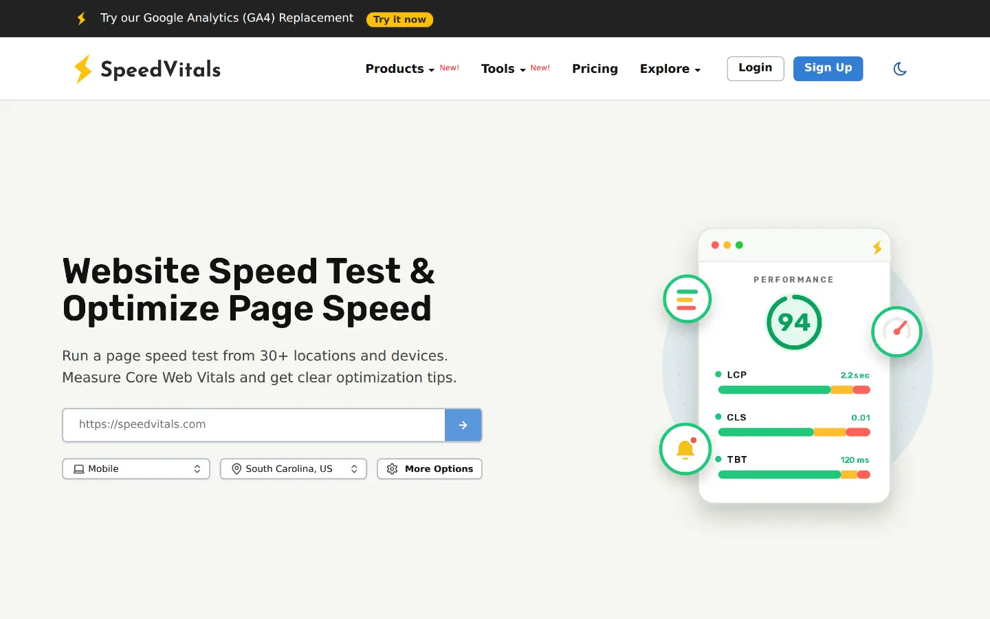 SpeedVitals speed test with device and location selection