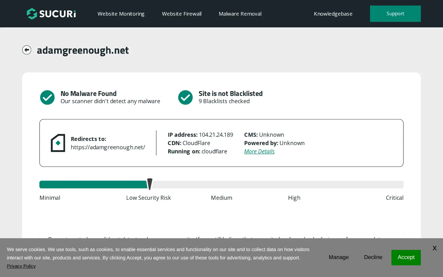 Sucuri SiteCheck result for adamgreenough.net showing no malware found and no blocklisting