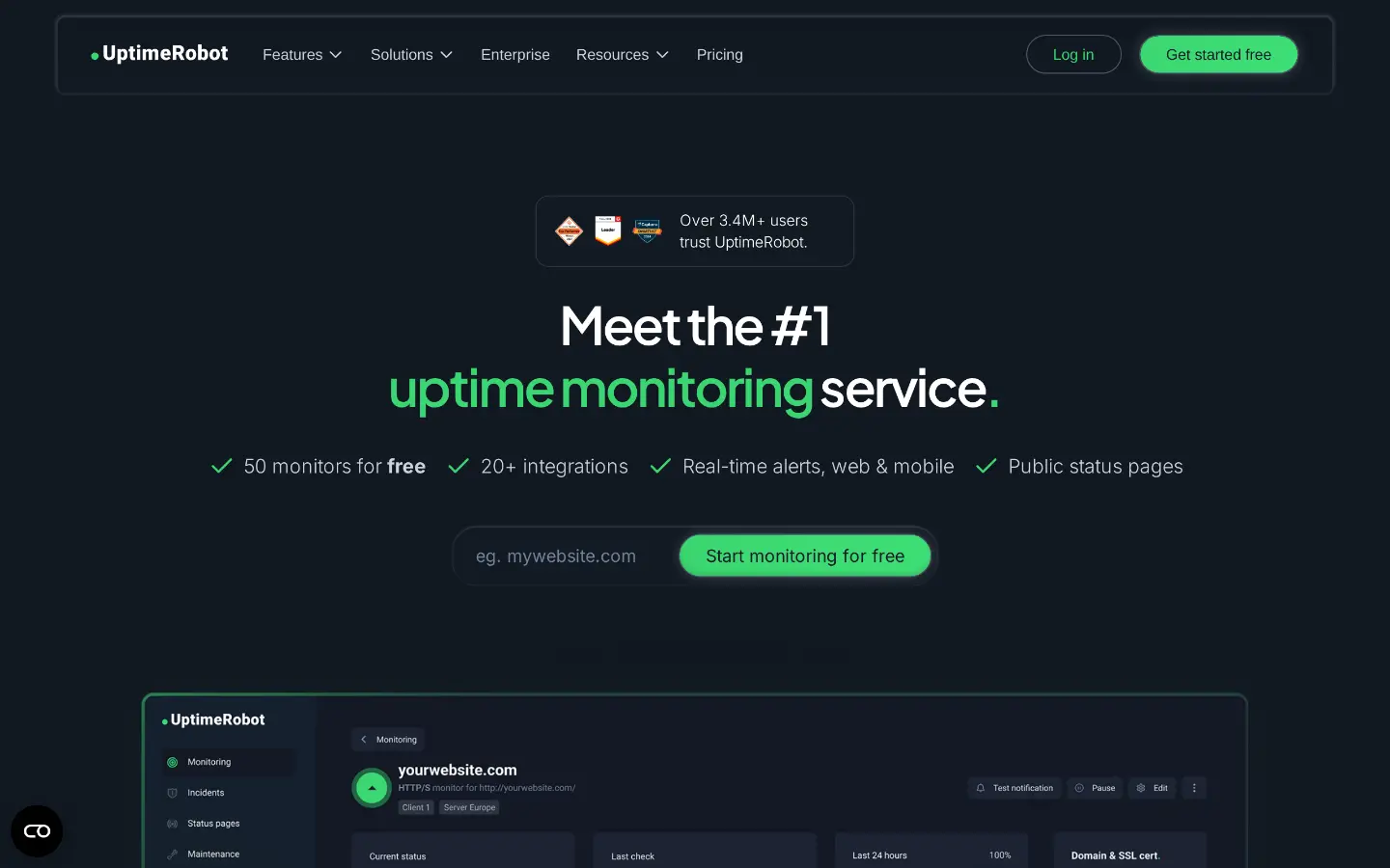 UptimeRobot uptime monitoring home page