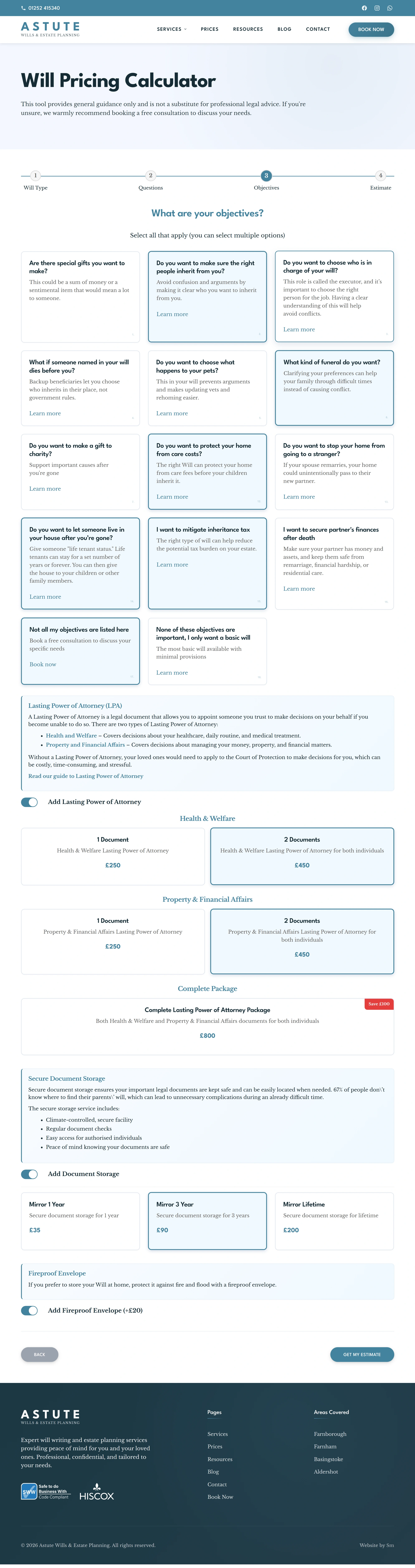Astute Wills pricing calculator step one
