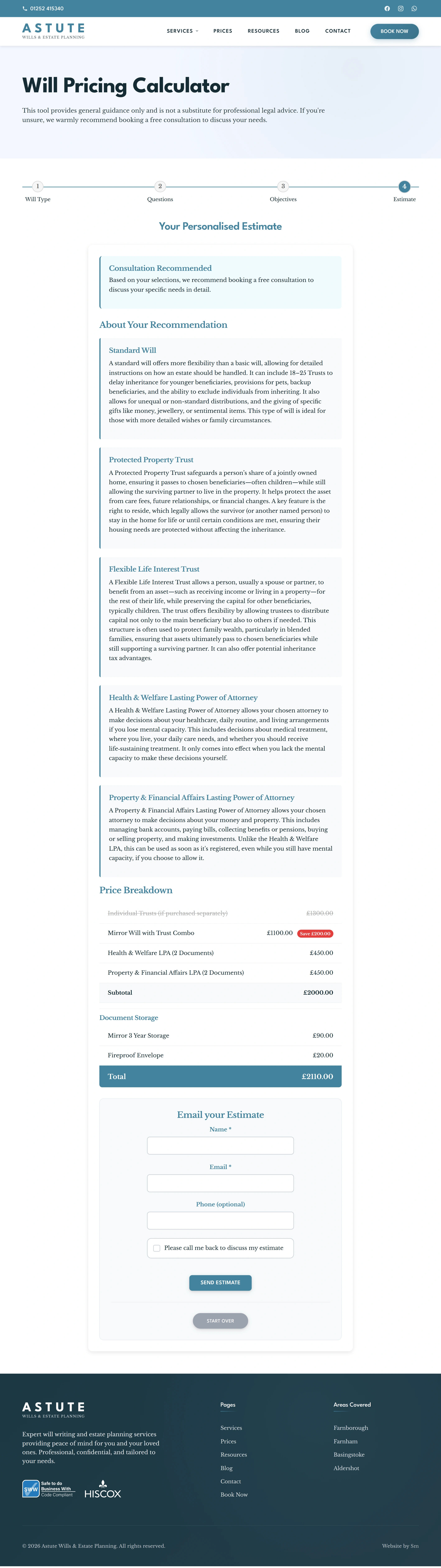 Astute Wills pricing calculator results